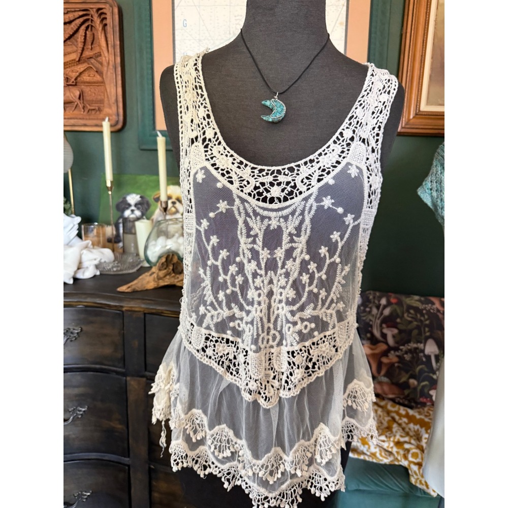 Papaya Womens Cream Floral Lace Mesh Crochet Racerback Tank Top Large KT6767